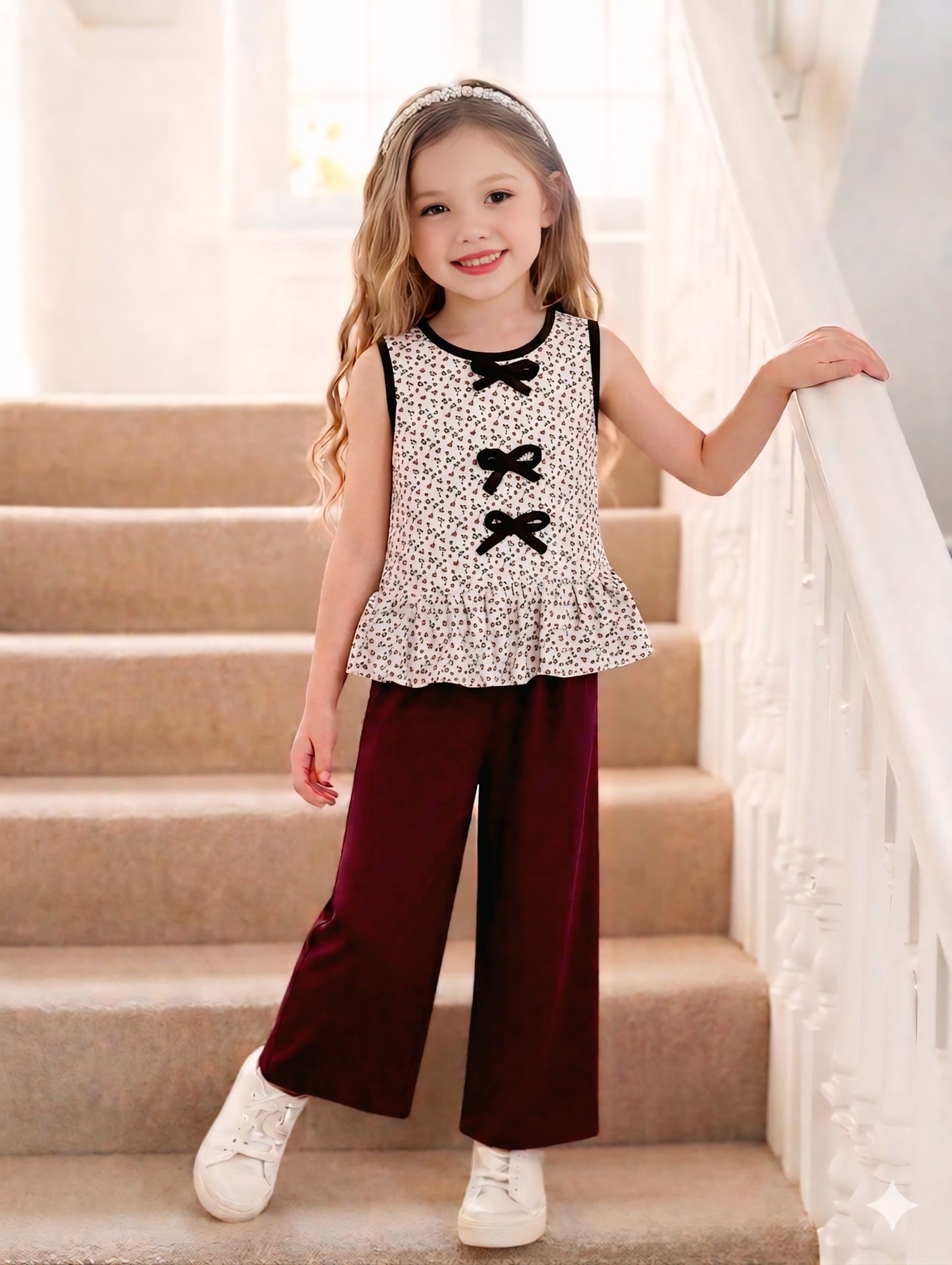 Girl Casual Basic Ruffle Sleeveless Shirt Top & Wide Leg Long Pants (2yrs-8yrs)