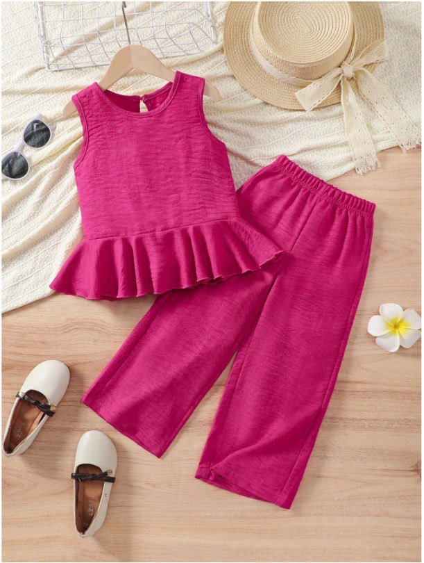 Girl Casual Basic Ruffle Sleeveless Shirt Top & Wide Leg Long Pants (2yrs-8yrs)