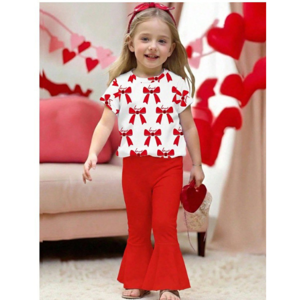 Girls Bow Print Top & Flared Pants Set  (2yrs-12yrs)