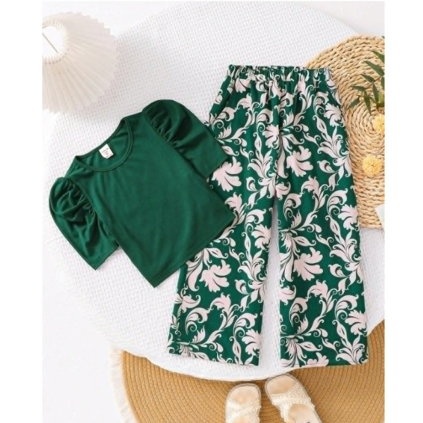 "Girls' Puff Sleeve Top and Wide-Leg Floral Pants Co-ord Set (2yrs-12yrs)