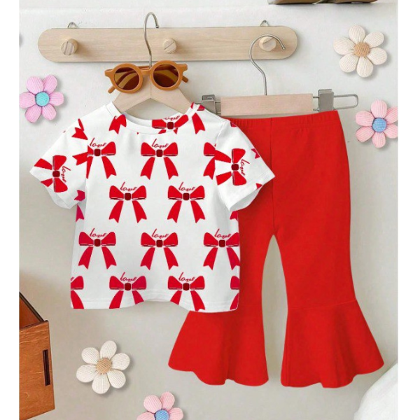 Girls Bow Print Top & Flared Pants Set  (2yrs-12yrs)