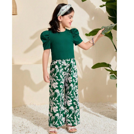 "Girls' Puff Sleeve Top and Wide-Leg Floral Pants Co-ord Set (2yrs-12yrs)