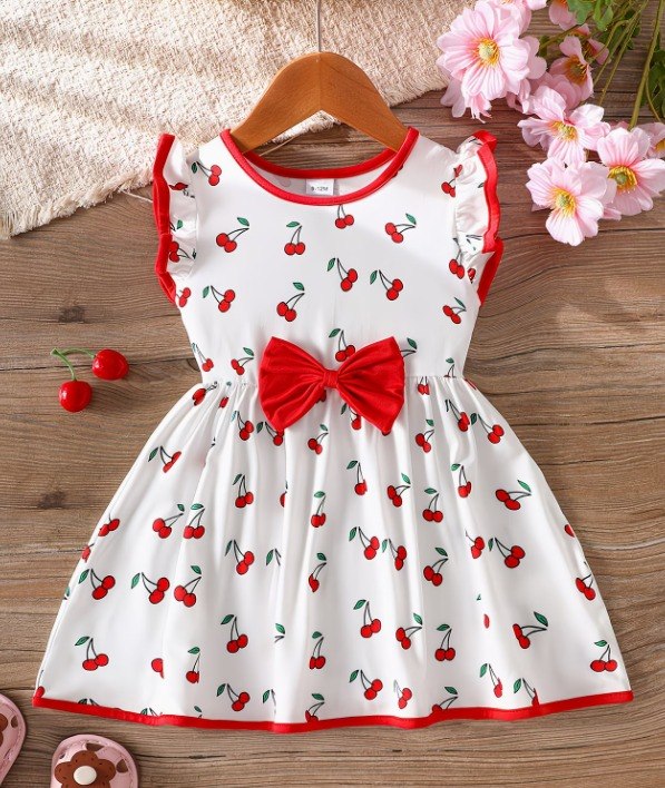 Baby Girls’ Sweet Cherry Print Flutter Sleeve Dress (2yrs-8yrs)