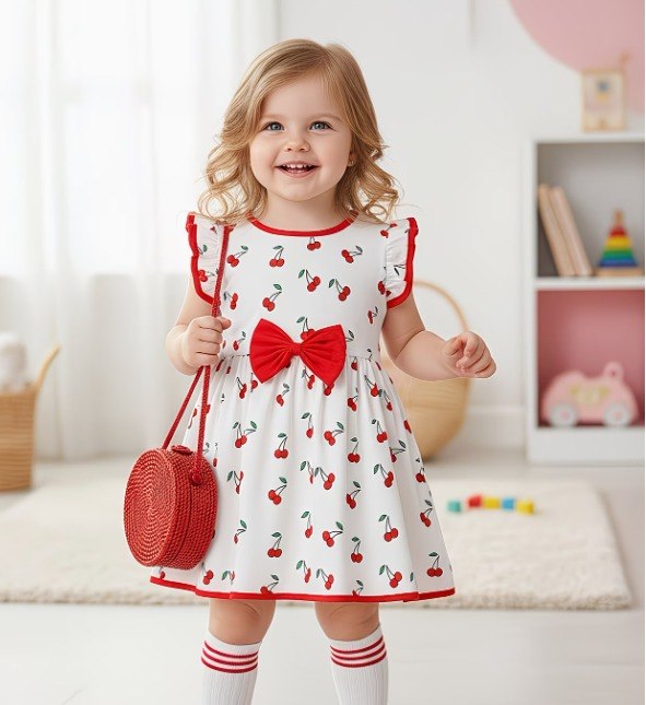 Baby Girls’ Sweet Cherry Print Flutter Sleeve Dress (2yrs-8yrs)