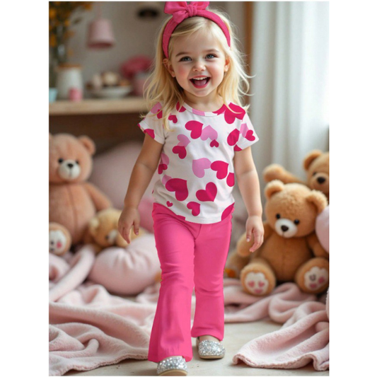Cute Heart Print Girls Top & Flared Pants Set (2yrs-12yrs)