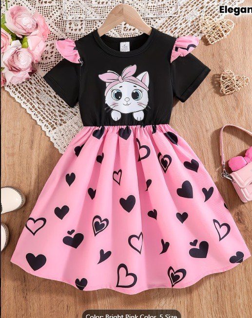 Baby Girls Cat Graphic Heart Print Dress(2yrs-8yrs)