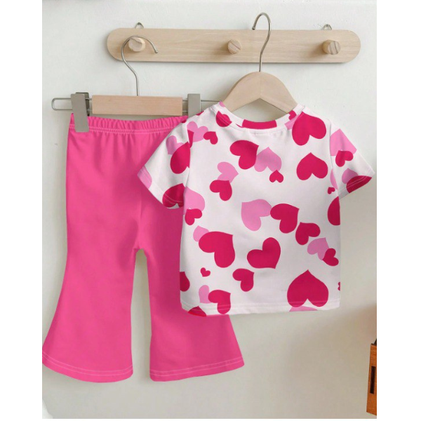 Cute Heart Print Girls Top & Flared Pants Set (2yrs-12yrs)