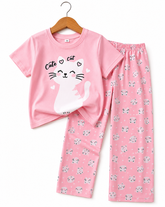 💖 Cute Cat Girls Night Suit Set (2yrs -12yrs)