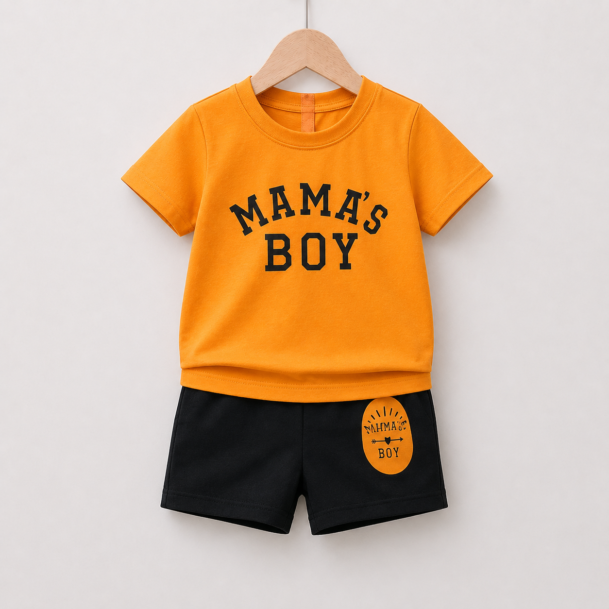 Mama’s Boy Orange T-Shirt & Black Shorts Set (3mths-6yrs)