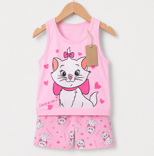 Pink Kitty Love Sleeveless  2pcs  Printed T-shirt Set (3mths-6yrs)