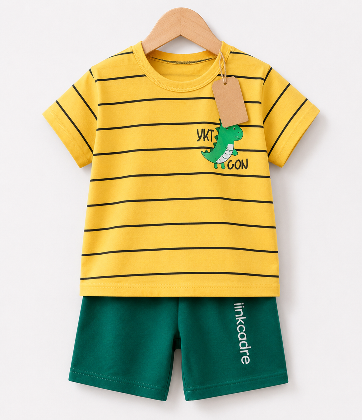 Yellow Dino Stripe T-Shirt & Green 2pcs  Printed T-shirt Set (3mths-6yrs)