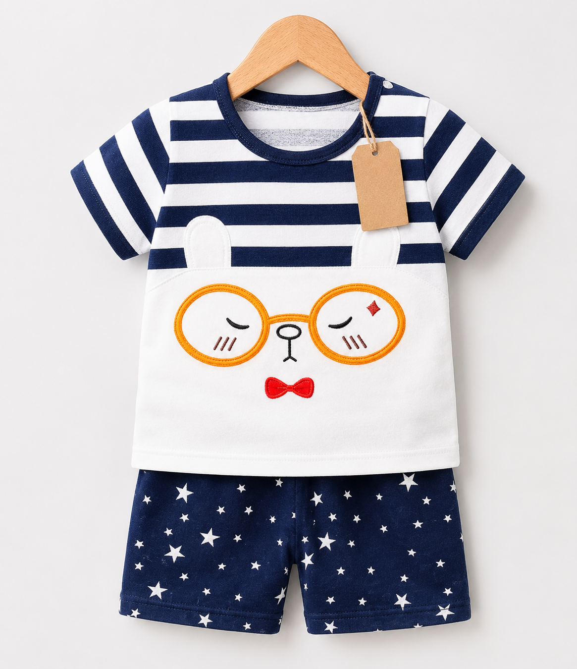 Navy Stripe Bear Face 2pcs  Printed T-shirt Set (3mths-6yrs)