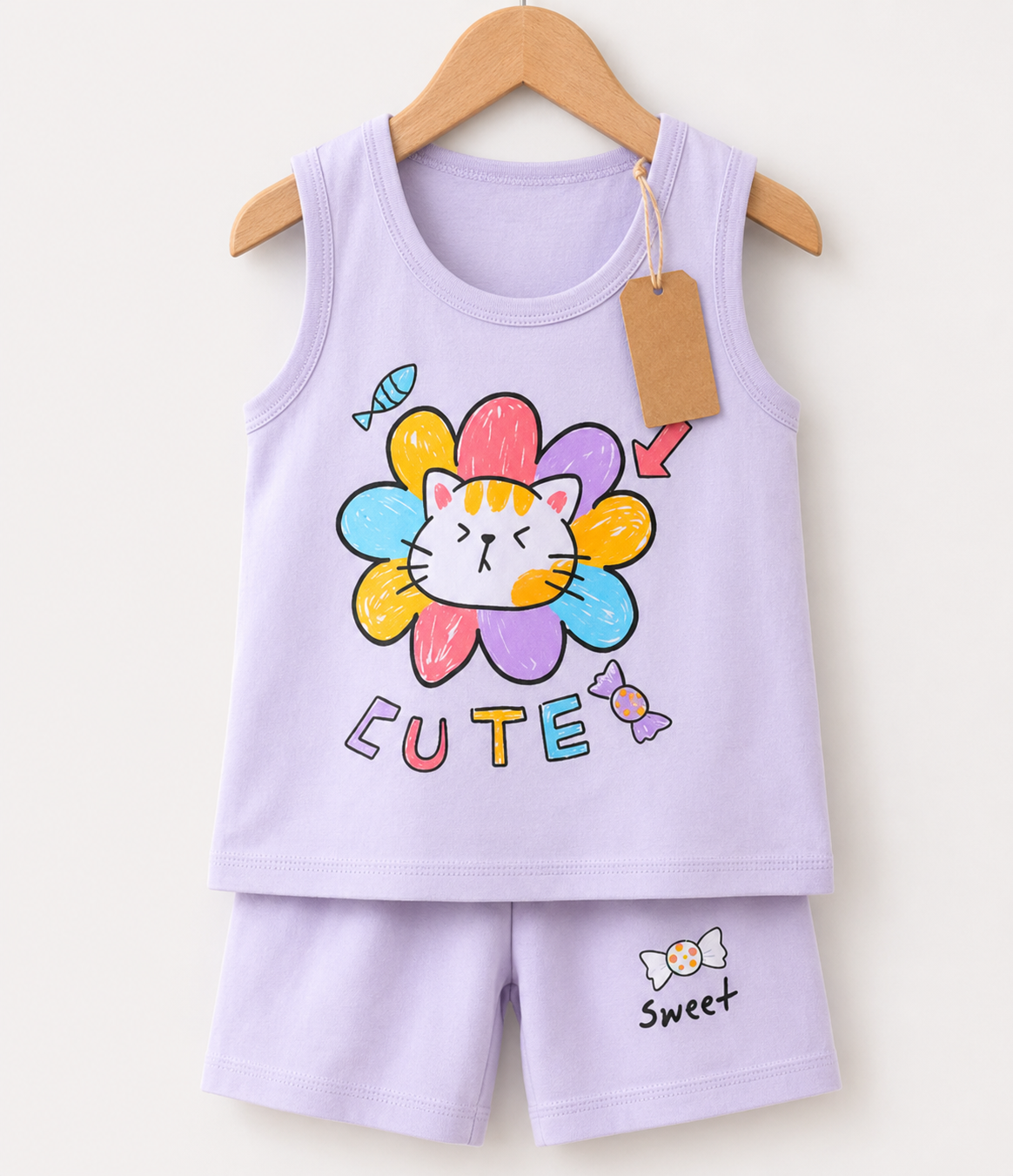 Lavender Cute Flower Sleeveless  2pcs  Printed T-shirt Set (3mths-7yrs)