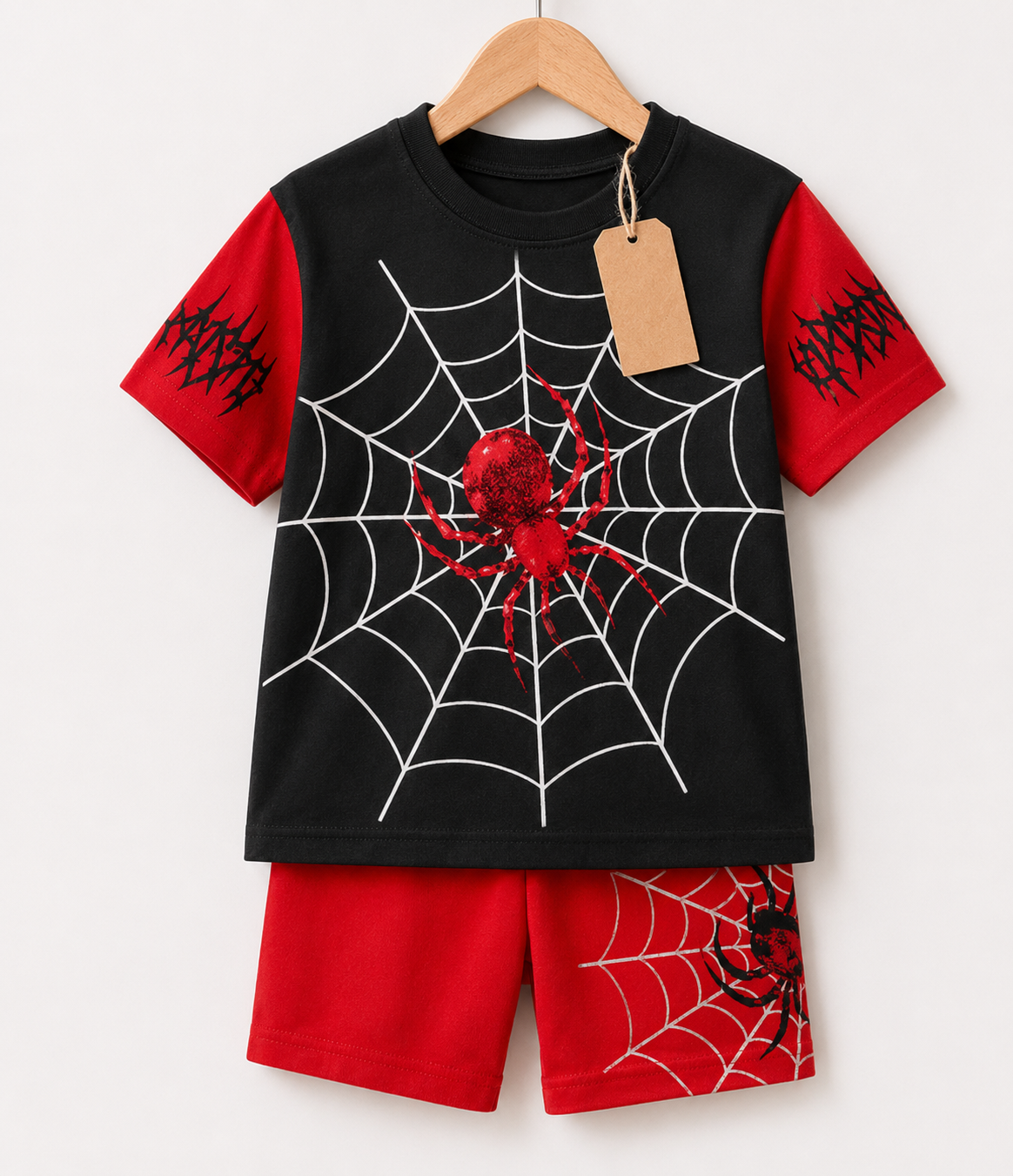 Black & Red Web 2pcs  Printed T-shirt Set (3mths-6yrs)
