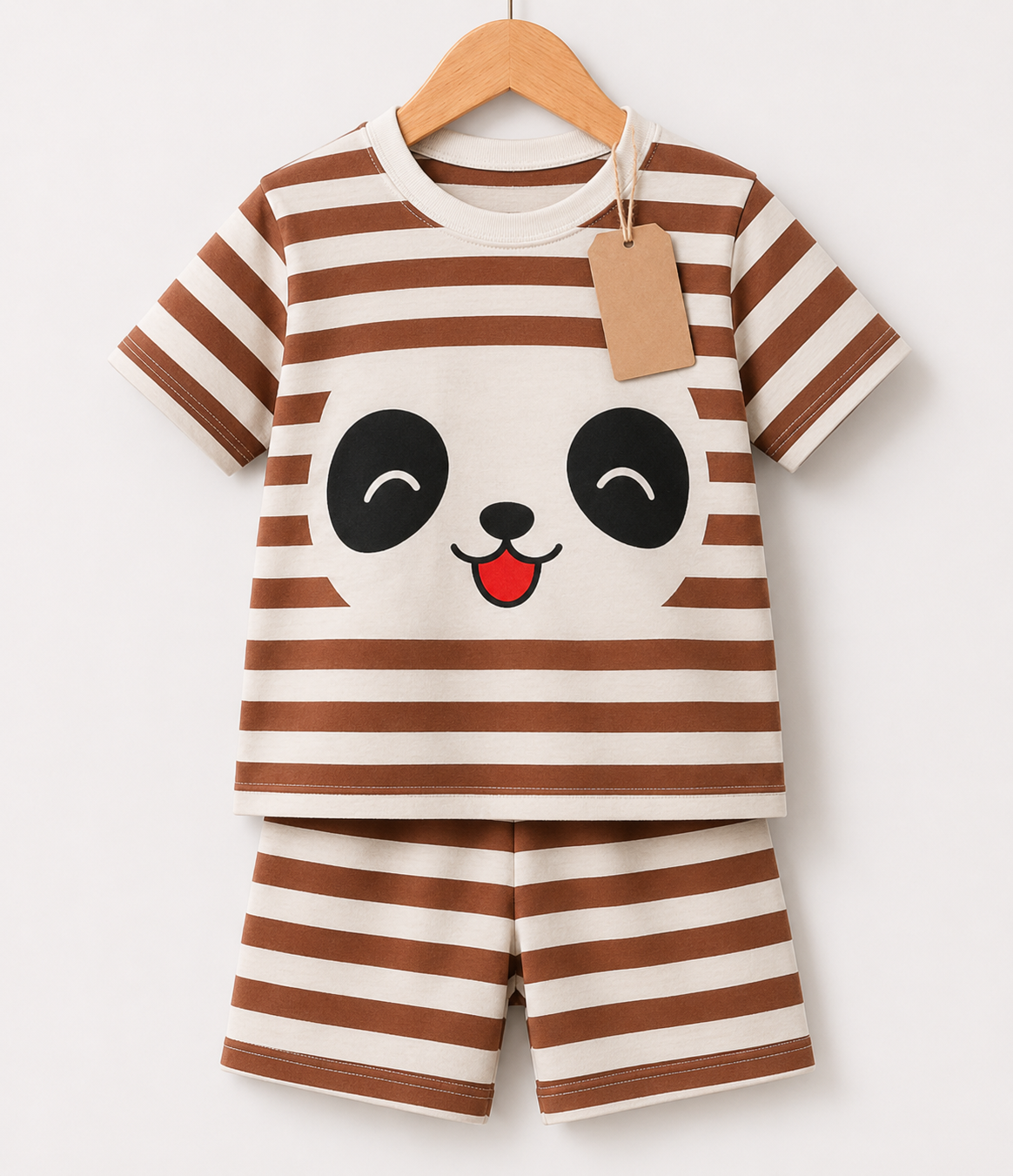 Brown Stripe Panda Face 2pcs  Printed T-shirt Set (3mths-6yrs)