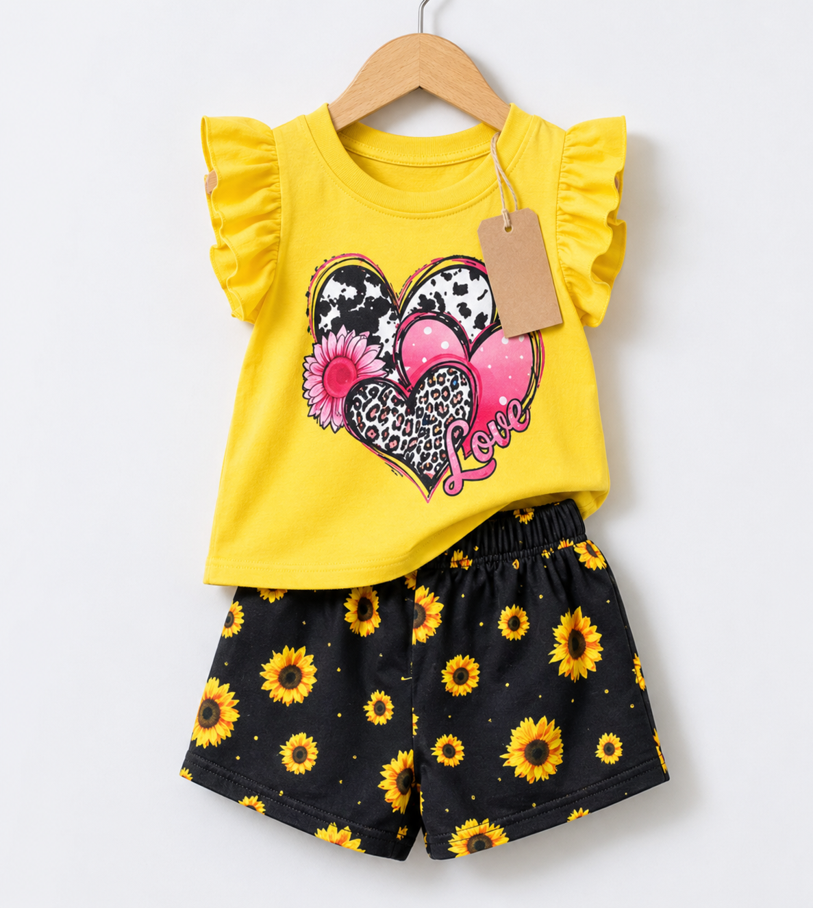 Yellow Heart Love Top & Sunflower Shorts Set (3mths-6yrs)