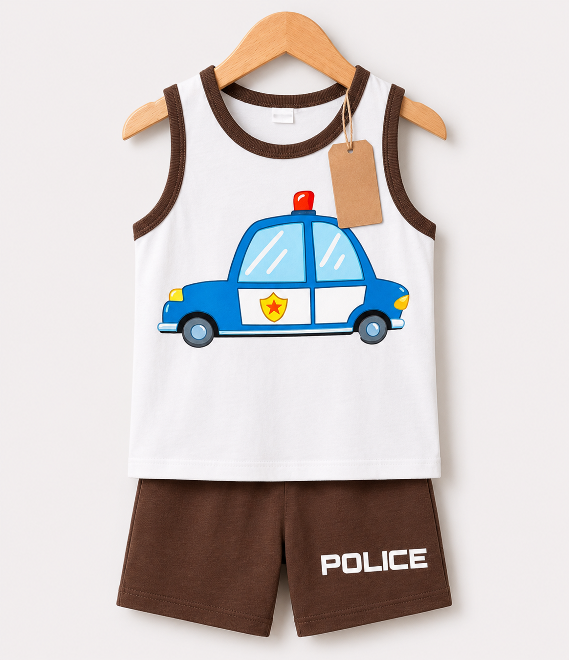 Police Car Sleeveless Top & Brown Shorts  Printed T-shirt Set(1yrs-7yrs)