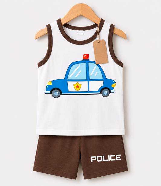 Police Car Sleeveless Top & Brown Shorts  Printed T-shirt Set(1yrs-7yrs)