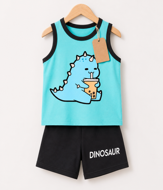 Aqua Dinosaur Sleeveless Printed T-shirt Set(1yrs-7yrs)