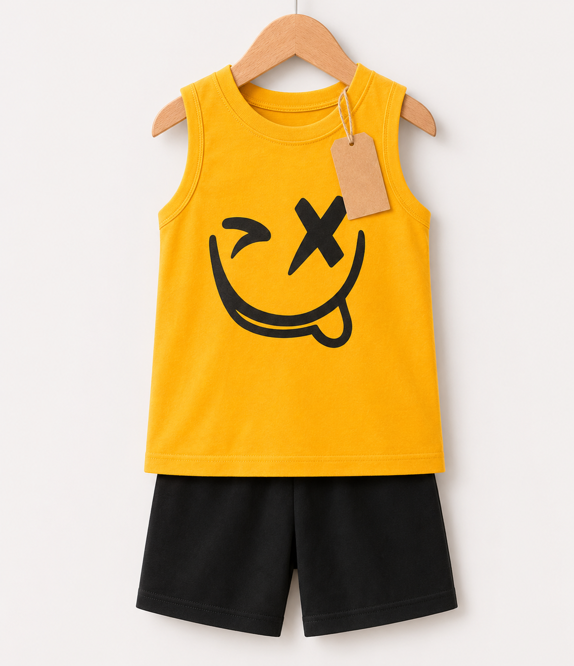 Yellow Smiley Sleeveless  Printed Sleeveless T-shirt & Pant Set(3mths-6yrs)