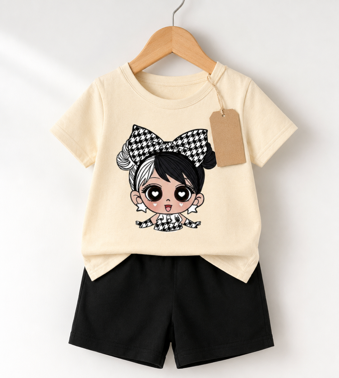 Cream Girl Print T-Shirt & Black Shorts Set (3mths-6yrs)