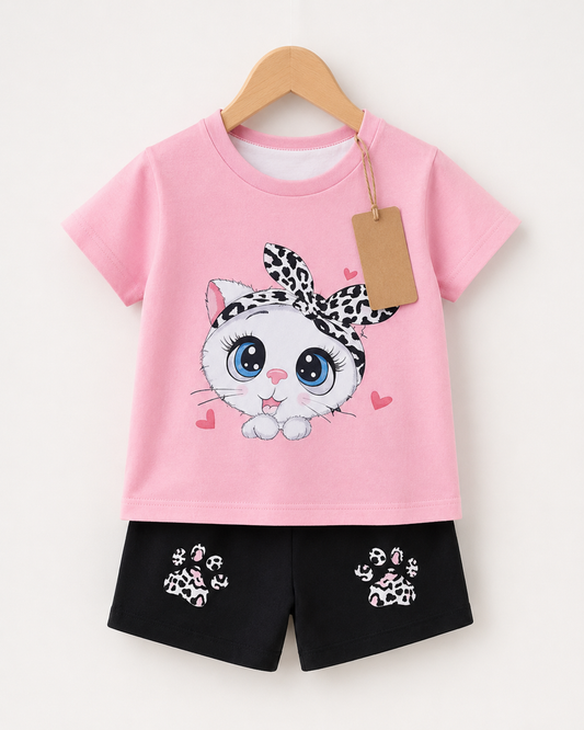 Pink Kitty T-Shirt & Black Shorts Set  (3mths-6yrs)