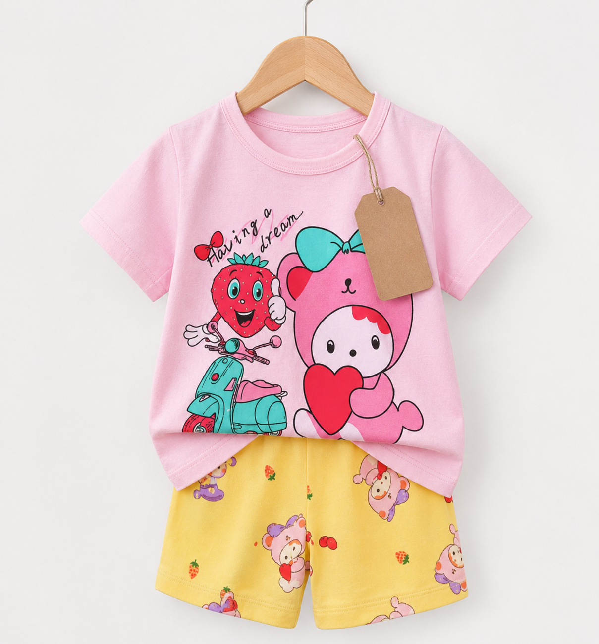 Pink Cartoon T-Shirt &  Yellow Shorts Set (3mths-7yrs)