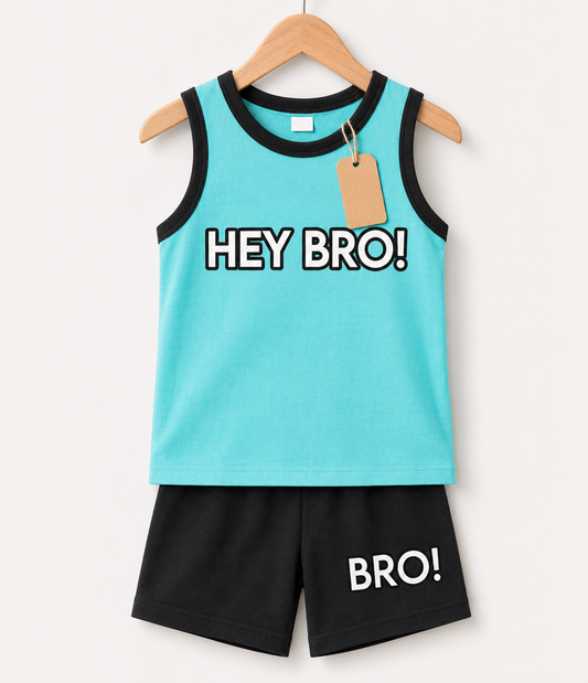 Hey Bro Aqua Sleeveless Shorts  Printed T-shirt Set(1yrs-7yrs)