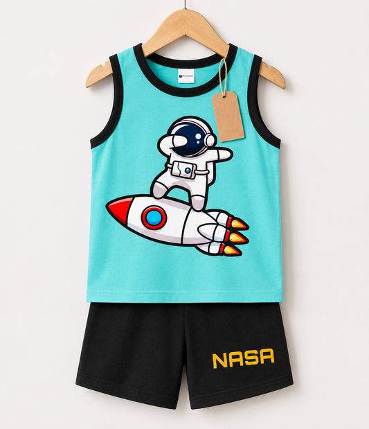Aqua Space Rocket Sleeveless Shorts  Printed T-shirt Set(1yrs-7yrs)