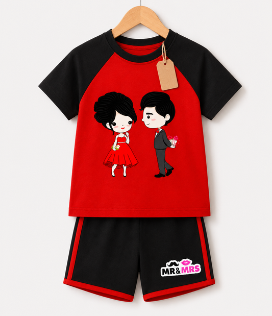 Mr &amp; Mrs Red T-Shirt Black Shorts  Printed T-shirt Set(1yrs-7yrs)