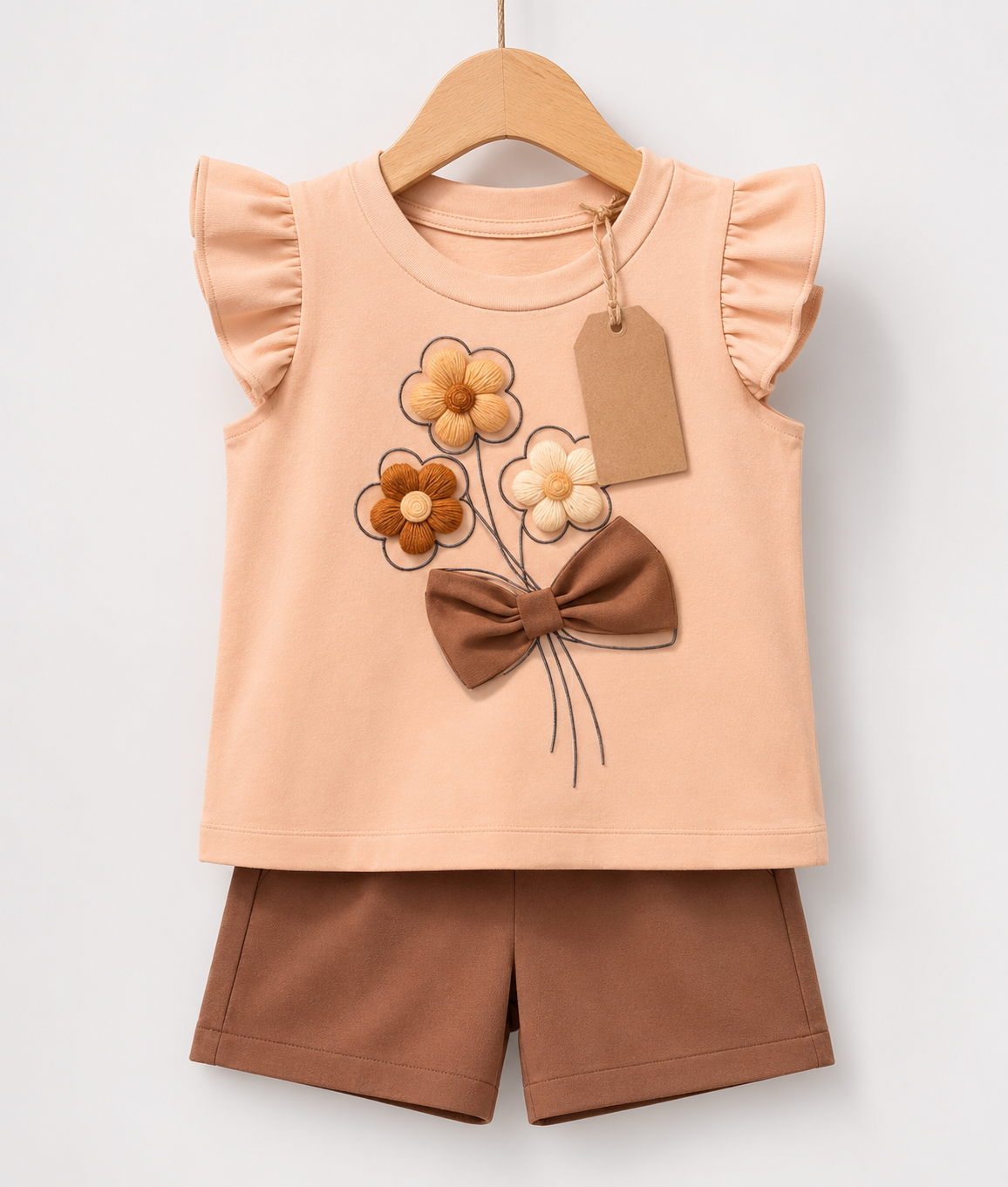 Peach Flower Bow Top &  Brown Shorts Set(3mths-6yrs)
