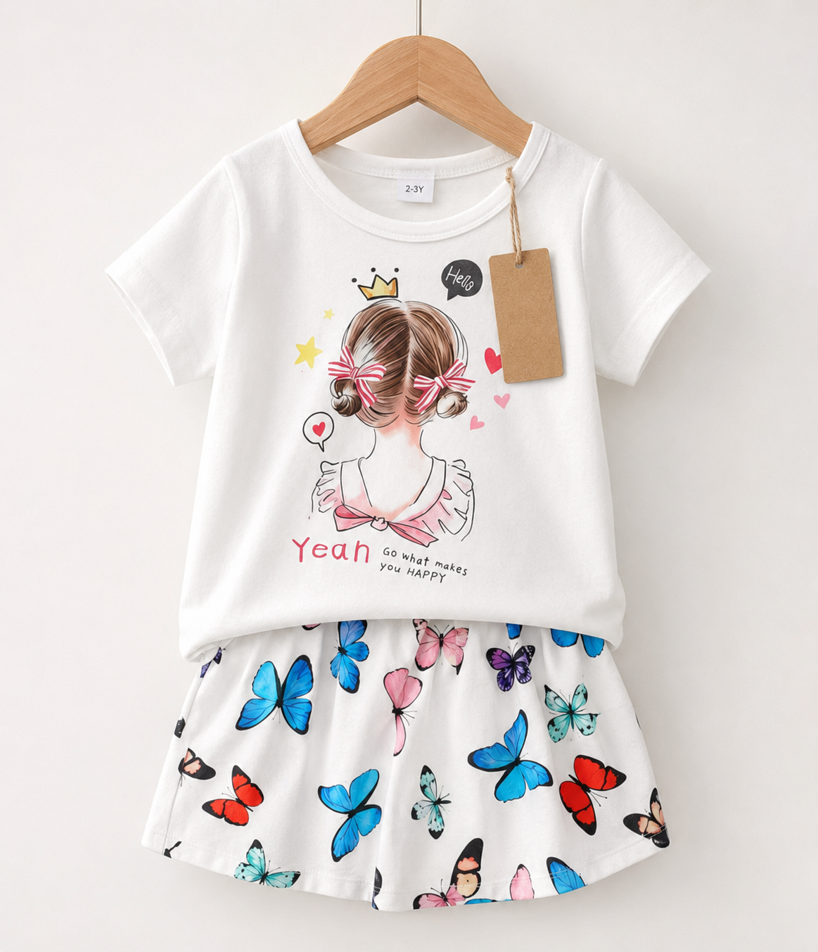White Girl Print Top & Butterfly  Shorts Set (3mths-6yrs)