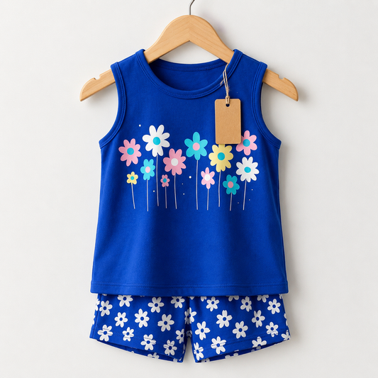 Blue Floral Sleeveless Top &amp; Shorts Set for Girls (3mths-6yrs)