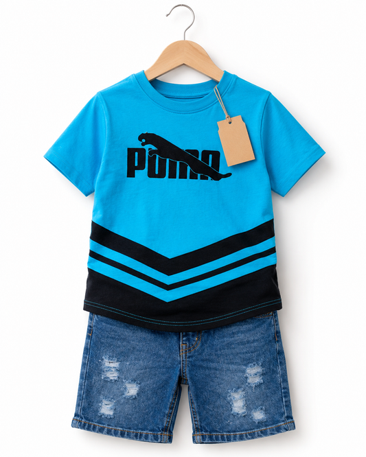 Kids Blue Graphic T-Shirt &amp; Denim Shorts Set (1yrs-7yrs)