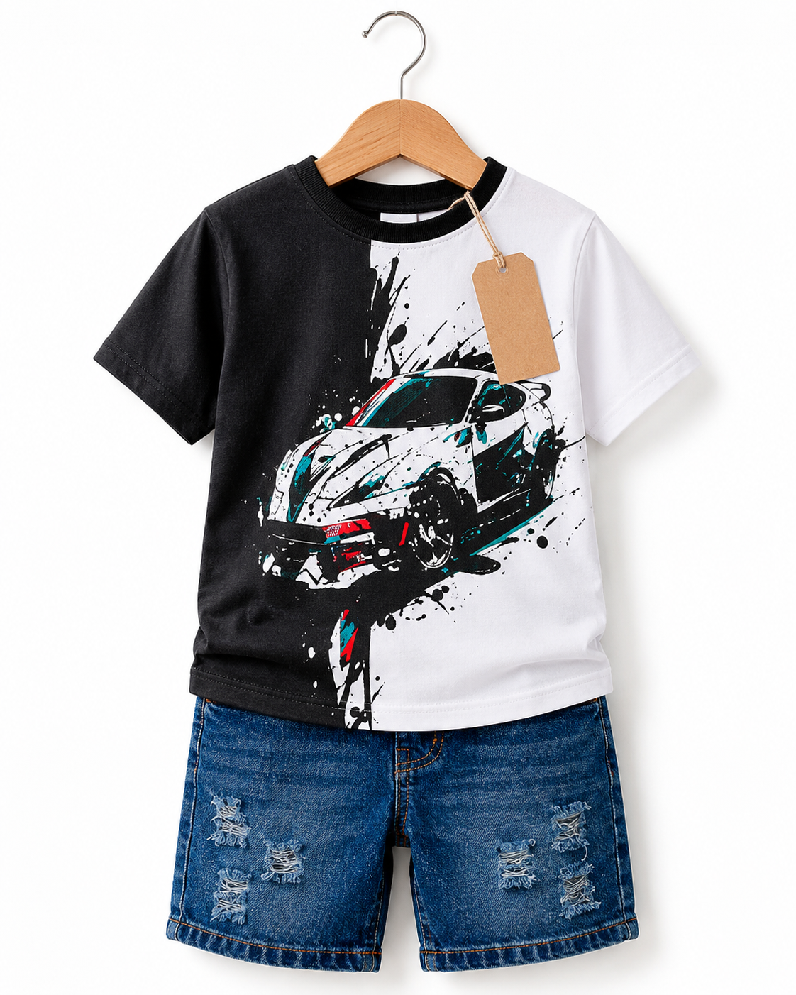 Kids Black &amp; White Car Graphic T-Shirt with Denim Shorts Set(1yrs-7yrs)
