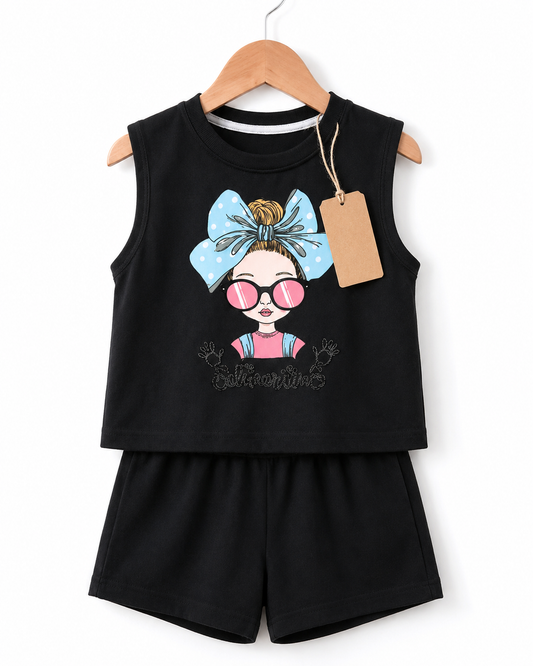 Kids Black Bow Girl Graphic Sleeveless Set(3mths-6yrs)