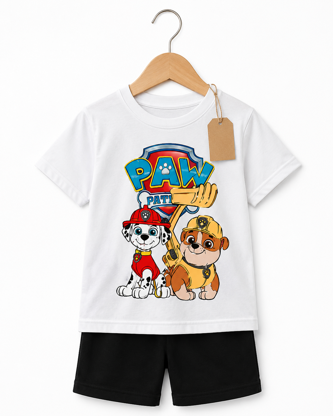Kids White Cartoon Puppy T-Shirt &amp; Black Shorts Set (3mths-6yrs)