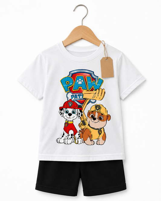 Kids White Cartoon Puppy T-Shirt &amp; Black Shorts Set (3mths-6yrs)