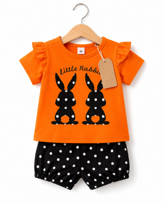 Kids Orange Little Rabbit Top & Polka Dot Shorts Set (3mths-6yrs)