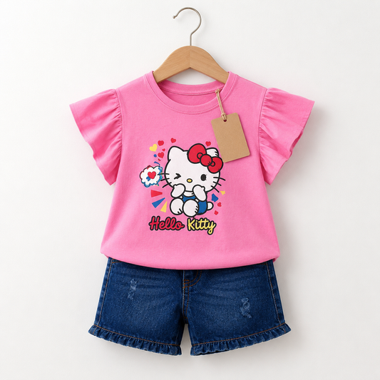 Pink Kitty Denim Girls Outfit (1yrs-7yrs)