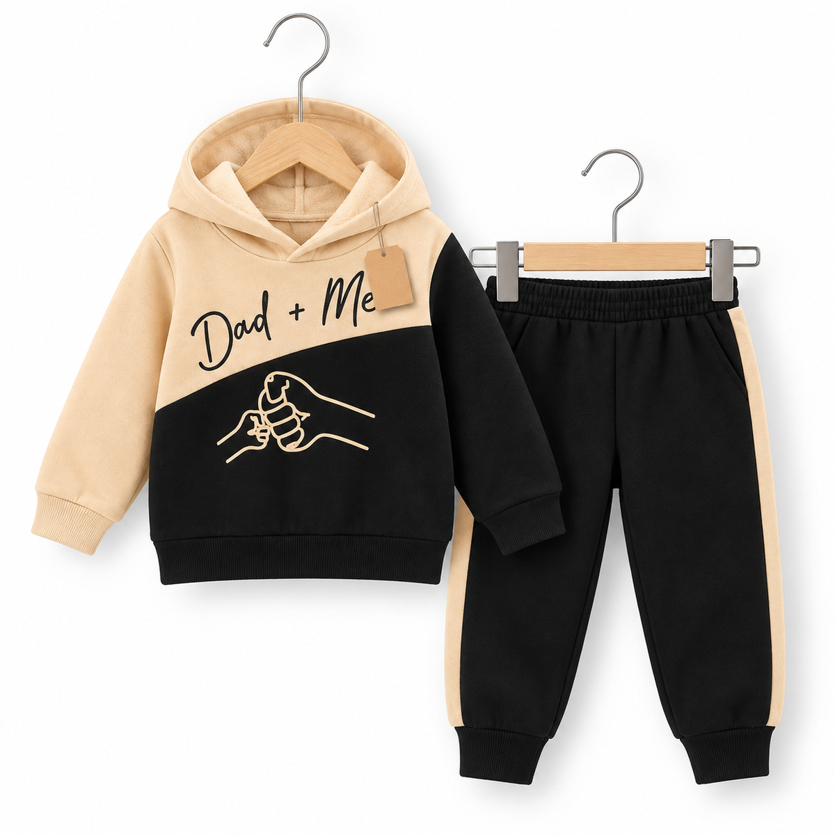 Beige and Black Dad and Me Hoddie  and Joggers Set (3M-8yrs)