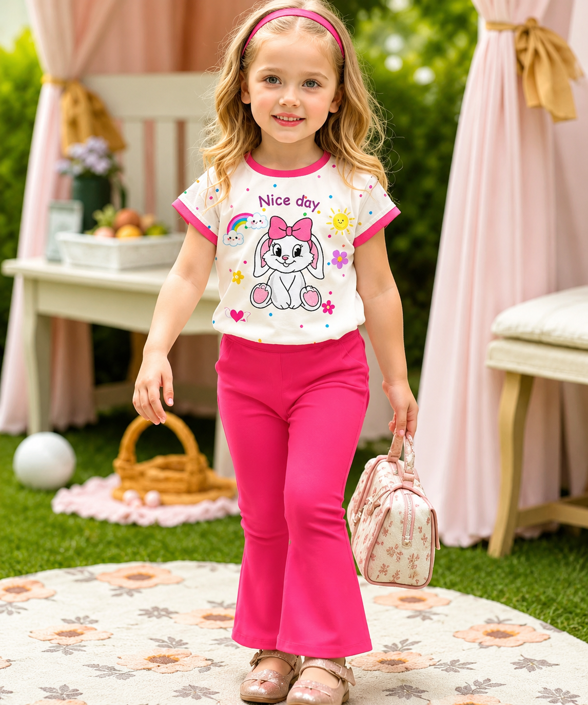 Girls' Bunny Print T-Shirt &  Flared Pant Set (2yrs -12yrs)