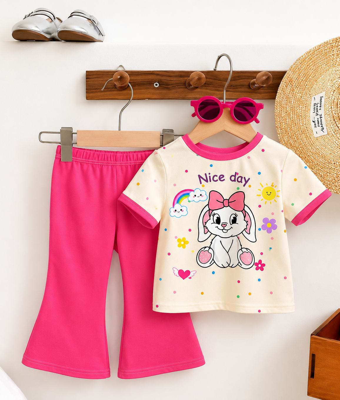 Girls' Bunny Print T-Shirt &  Flared Pant Set (2yrs -12yrs)