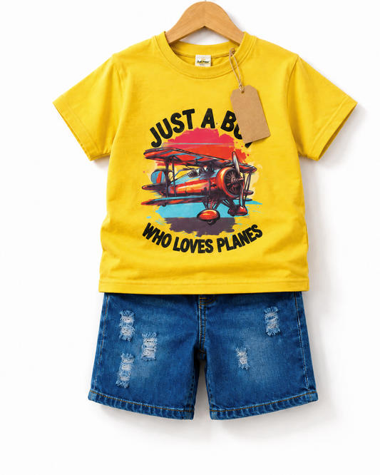 Boys Yellow Plane T-Shirt & Denim Shorts Set (1yrs-7yrs)