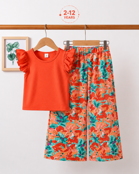 Girls Premium Short Sleeve Top & Printed Wide Leg Pant Set (2yrs -12yrs)