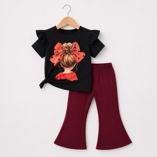 Girls’ Stylish Bow Print T-Shirt &  Flared Pants Sett (2yrs -12yrs)