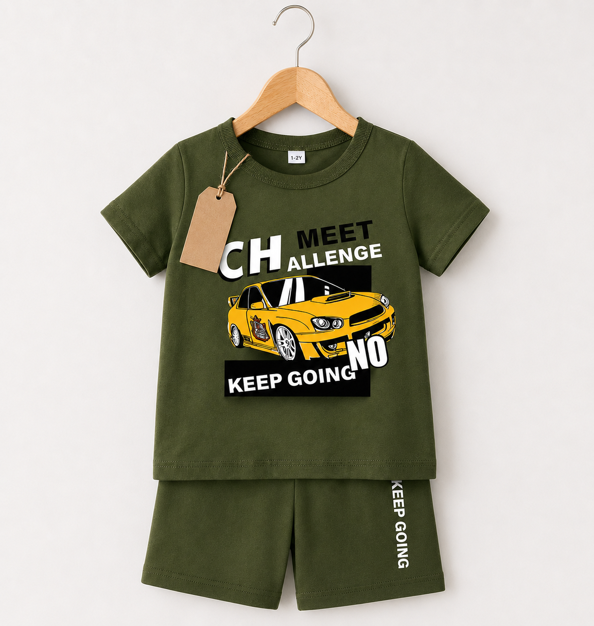 Kids Olive Green Car Print T-Shirt & Shorts Set (3mths-6yrs)