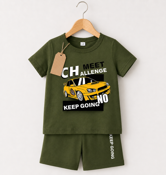 Kids Olive Green Car Print T-Shirt & Shorts Set (3mths-6yrs)