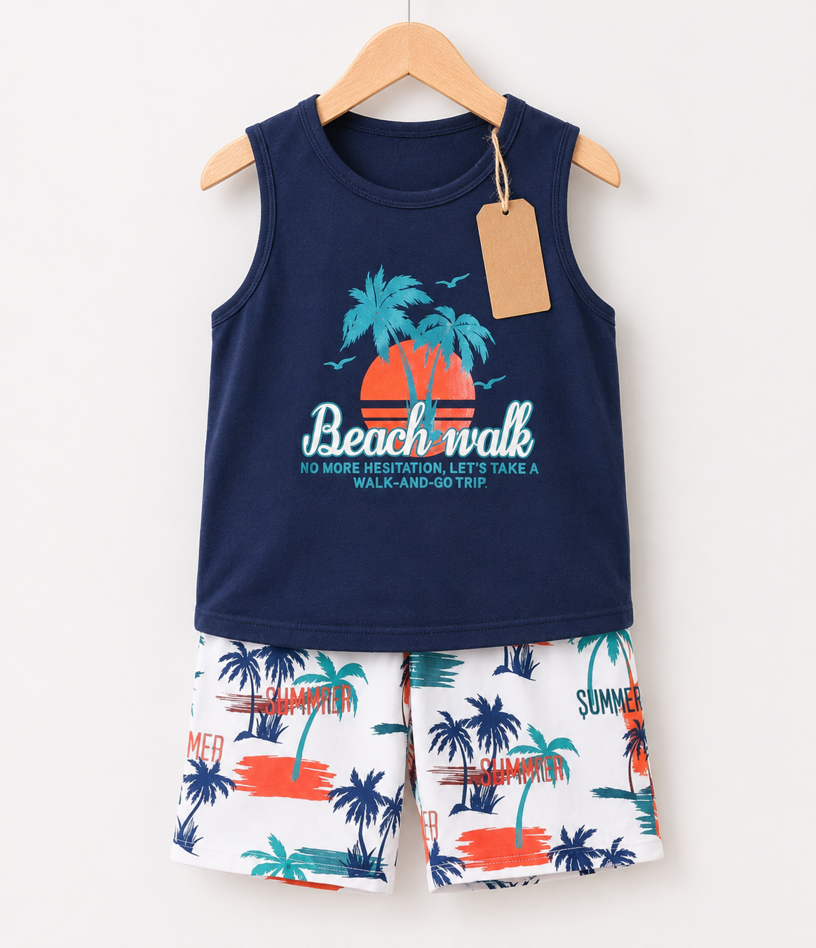 Navy Beach Walk Sleeveless 2pcs  Printed T-shirt Set(3mths-6yrs)