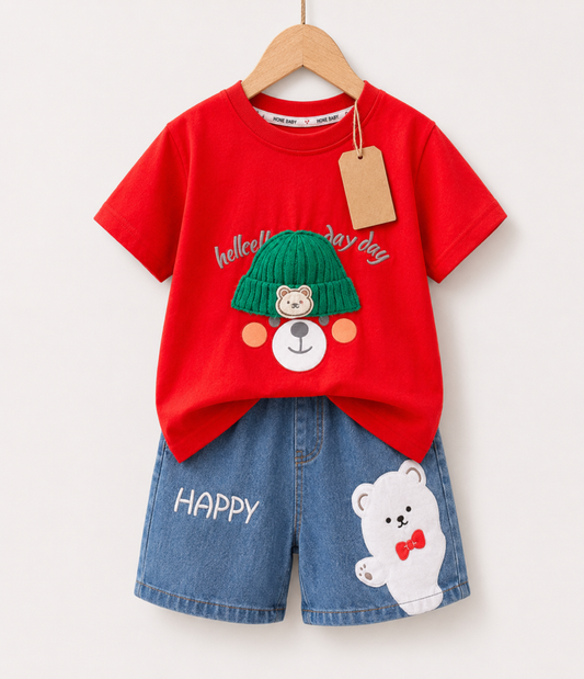 Red Bear 2-Piece Set Matching Denim Shorts (1yrs -6yrs)